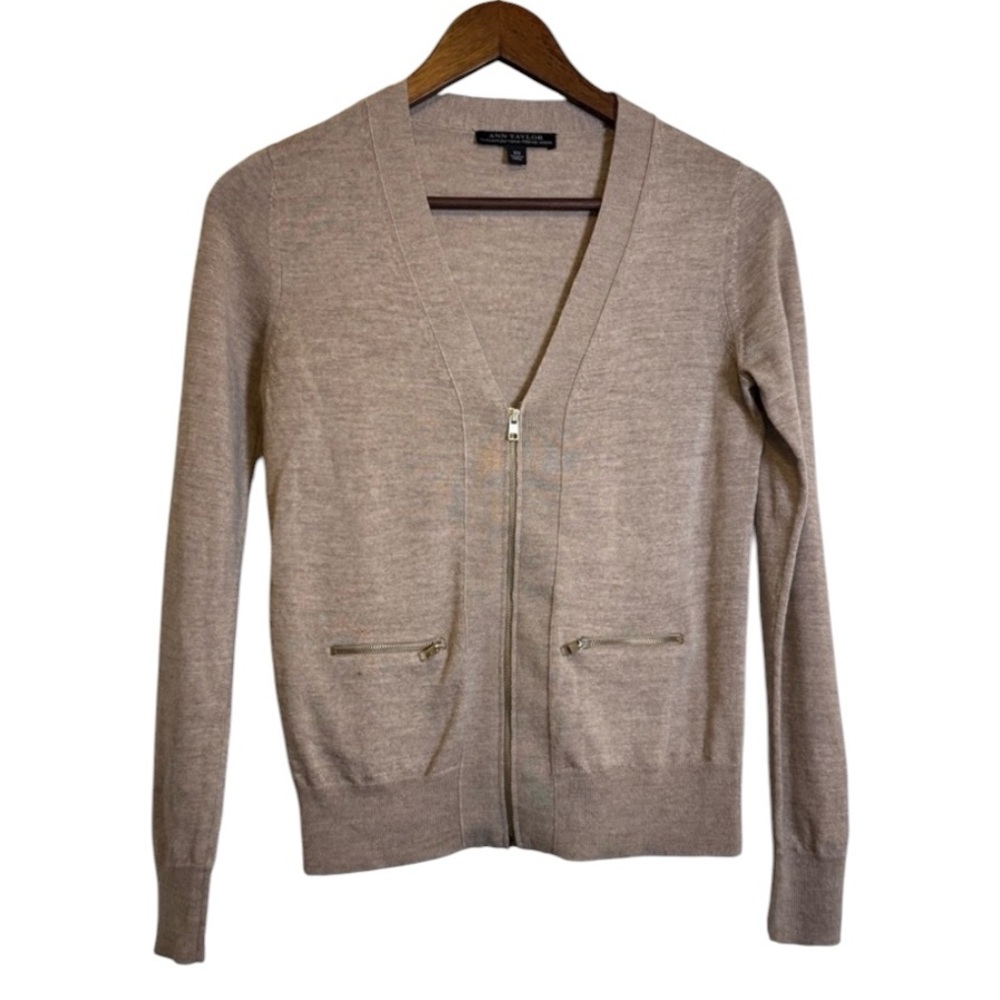 Ann Taylor Long Sleeve Beige Sweater w/ Gold Zip Up and Pocket Details 100% Wool - Picture 2 of 16